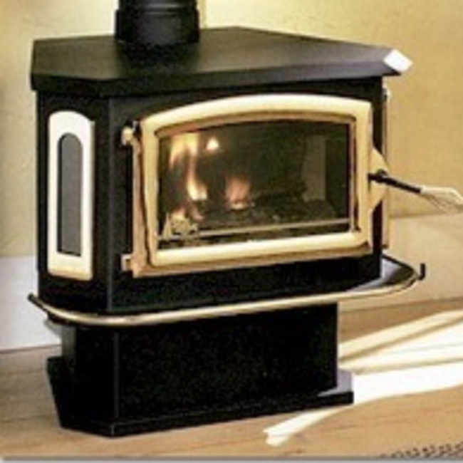 Buck 18 Non-Catalytic Freestanding Wood Stove Shown with Gold Door, Bay Windows, and Pedestal