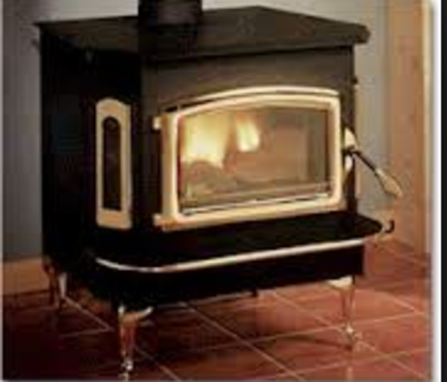 Buck 18 Non-Catalytic Freestanding Wood Stove Shown with Gold Door, Bay Windows, and Legs