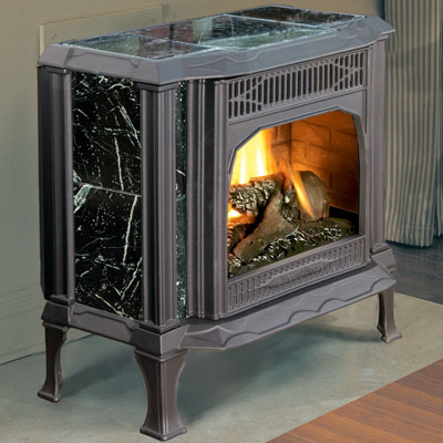 Hearthstone Sterling 8532 Gas Stove In Black Matte With Green Marble