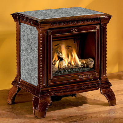 Hearthstone Tribute 8050 Gas Stove In Brown Enamel With Titanium Stone