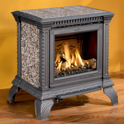 Hearthstone Tribute 8050 Gas Stove In Black Matte With Autumn Brown Stone