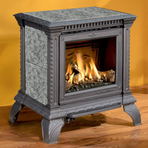 Hearthstone Tribute 8050 Gas Stove In Black Matte with Titanium Pearl