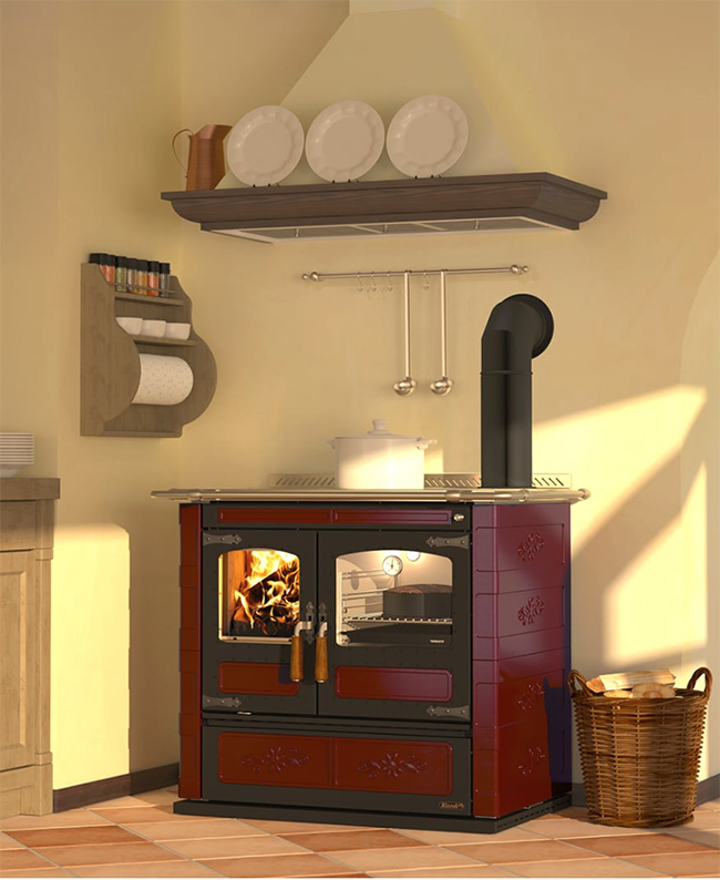 Rizzoli L90 Wood Burning Cook Stove in Burgundy Ceramic Tile 