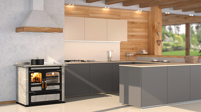 Rizzoli L90 Wood Cook Stove Shown in Soapstone