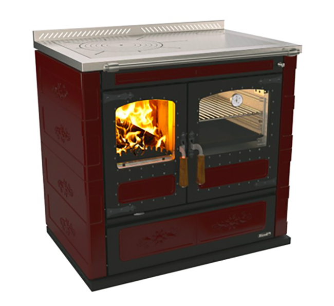Rizzoli L90 Cast Iron Ceramic Burgundy Tile Wood Cook Stove 