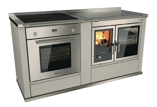 Rizzoli S90 Wood Cookstove w/ 95 Electric Cook Range in Pearl with Stainless Doors