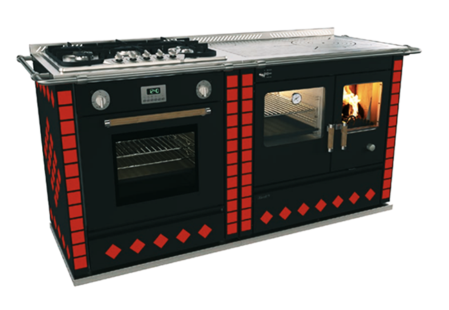 Rizzoli S90 Wood Cookstove w/ S95 Gas / Electric Cook Range in Red Dekor Black Doors