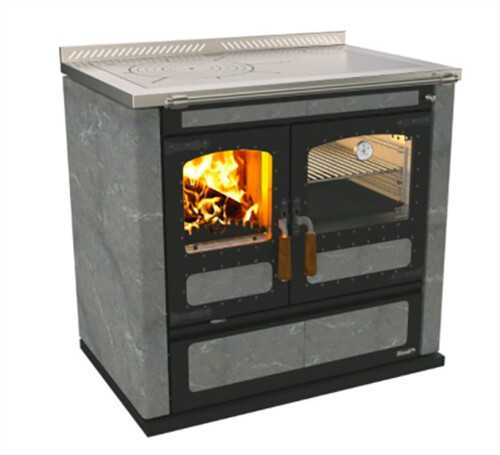 Rizzoli L90 Rustic Wood Cook Stove - Soapstone-Black Door, Right Flue, Multi Ring, Front Rail
