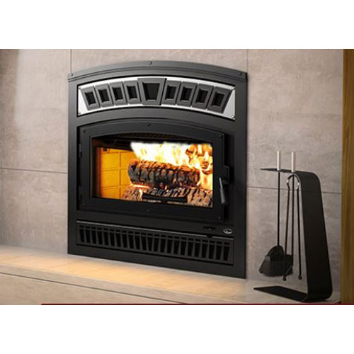 Lafayette Zero Clearance Wood Fireplace with Black Door Overlay and Brushed Nickel Crown Faceplate