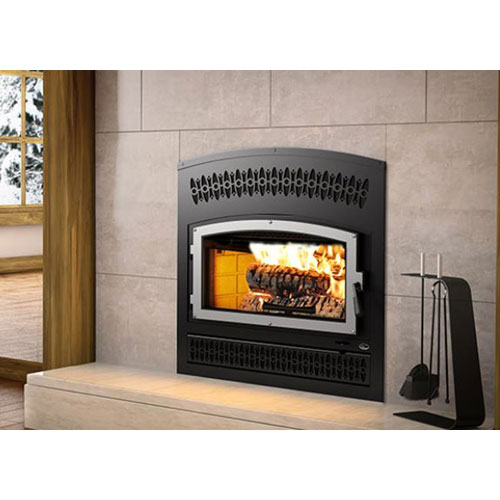 Lafayette Zero Clearance Wood Fireplace with Plated Brushed Nickel Door Overlay and Black Victoria S
